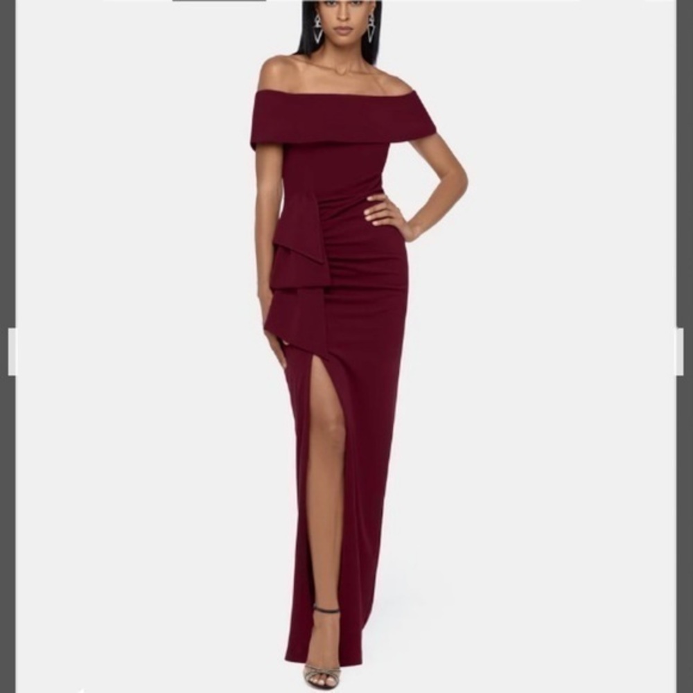 XSCAPE Off the Shoulder Scuba Crepe Gown in BURGUNDY Size 10